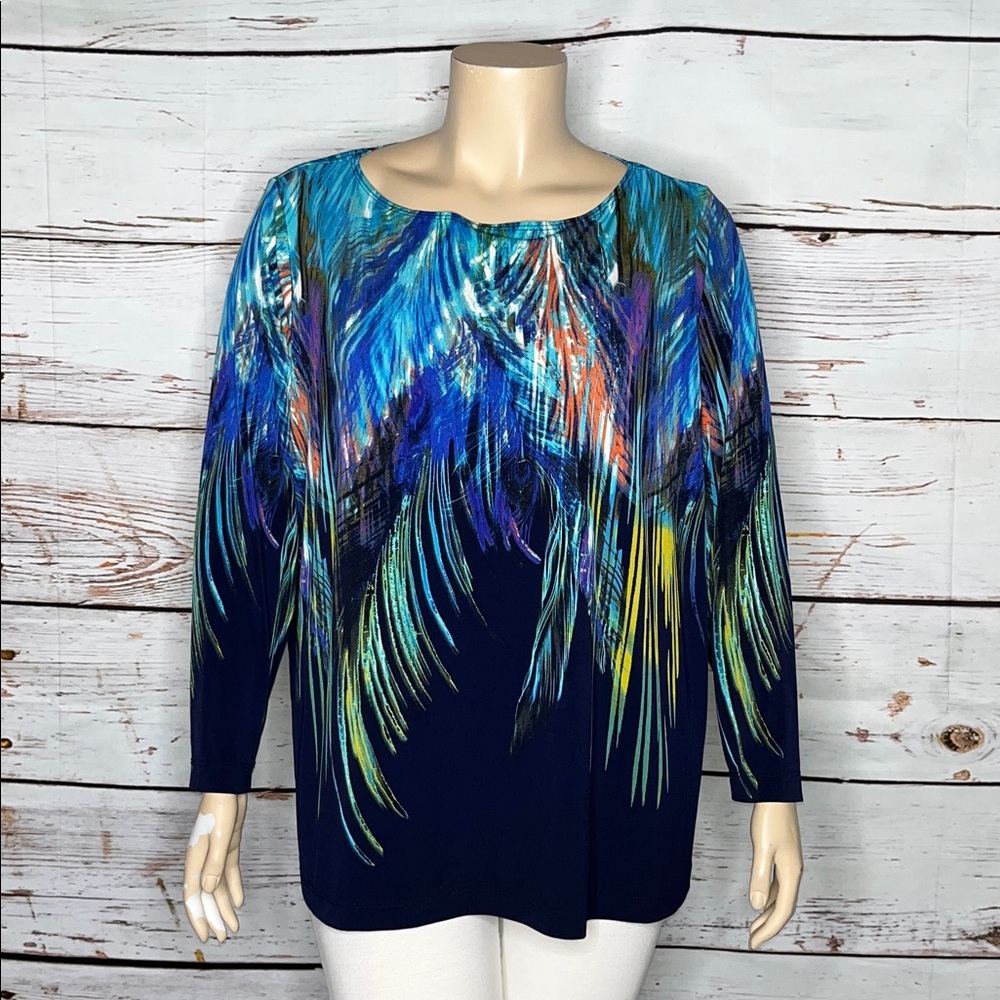 Susan Graver Size 3X Navy Blue - Feather Print Long Sleeve Blouse Top